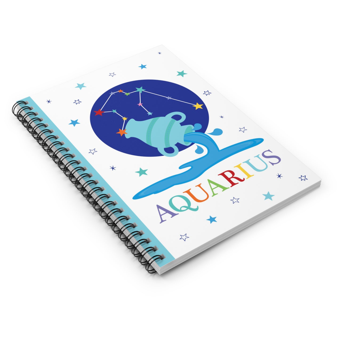 quarius notebook photographed at an angle to show the vibrant zodiac design on the cover and the sturdy spiral-bound edge, surrounded by stars