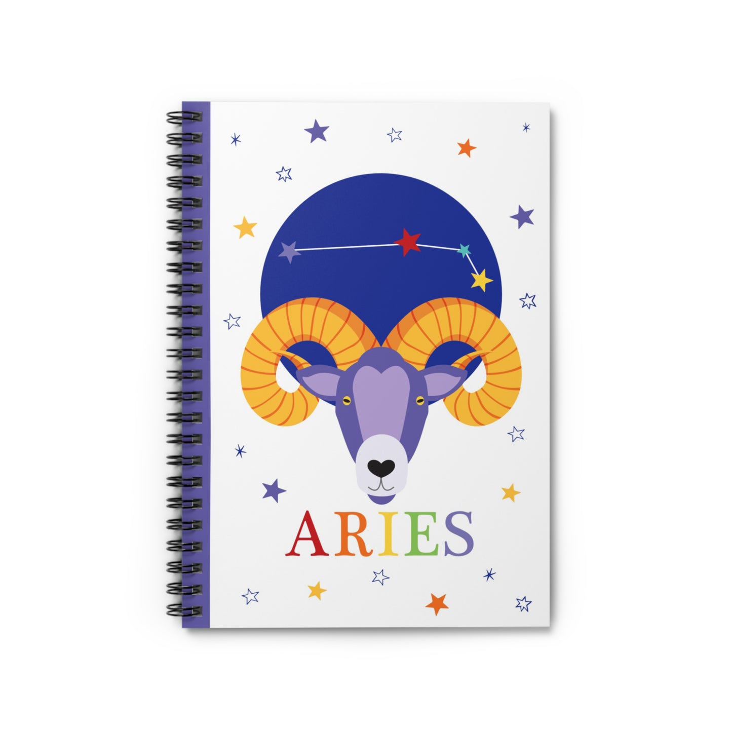Aries notebook front cover with constellation and rainbow text