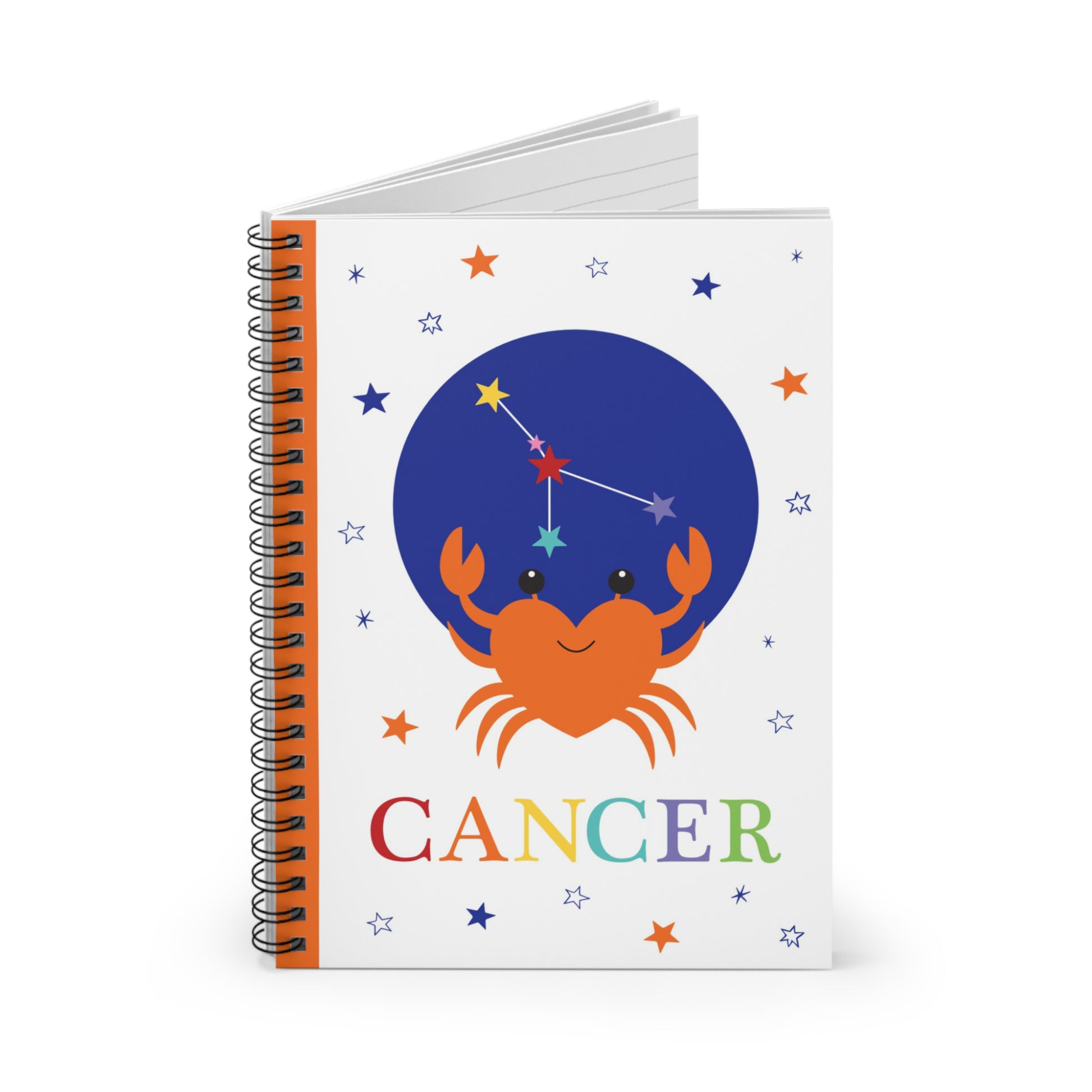Cancer notebook partially open showing lined pages and sturdy spiral binding
