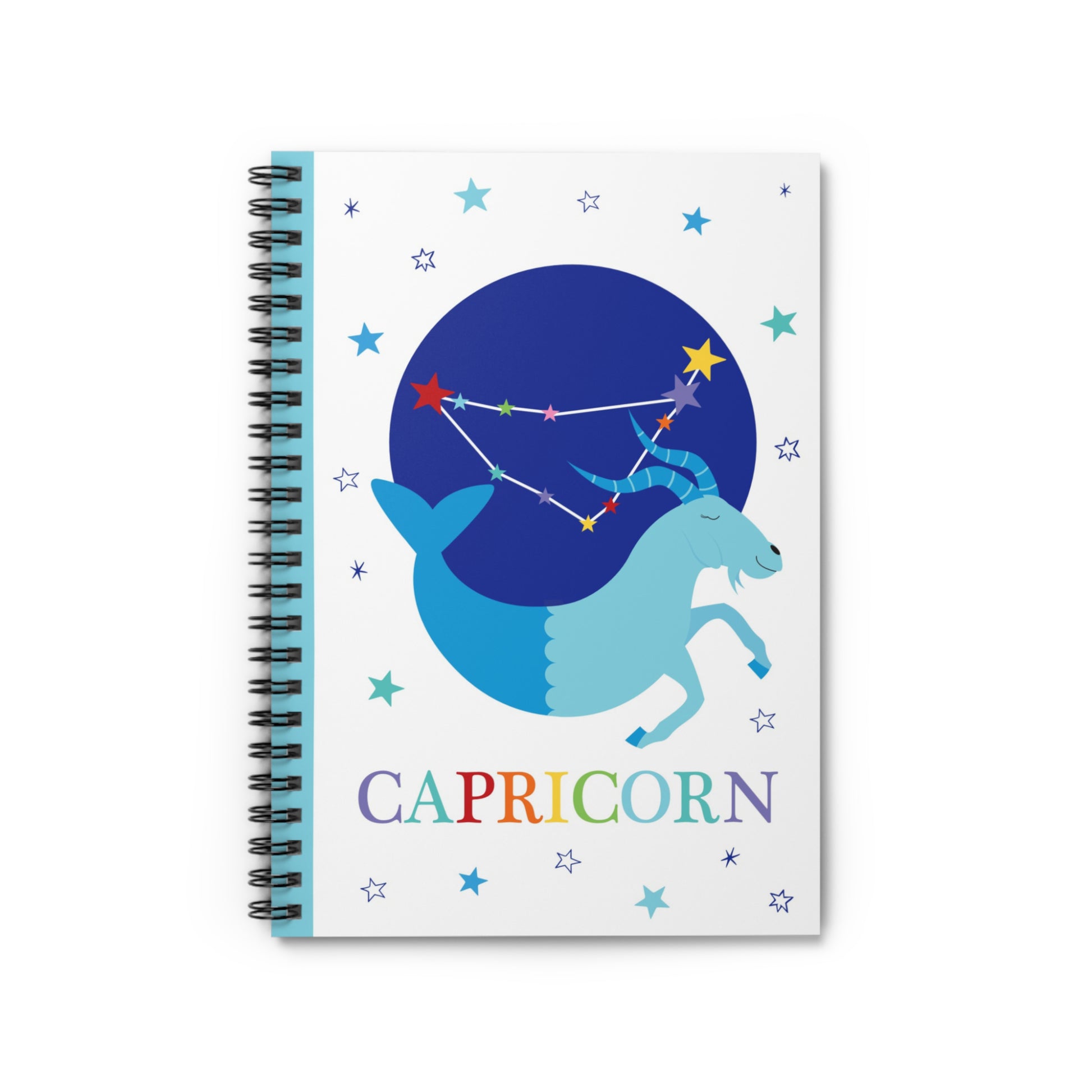 Front cover showing a playful Capricorn sea-goat illustration beneath a dark blue night sky with colourful constellation and rainbow text