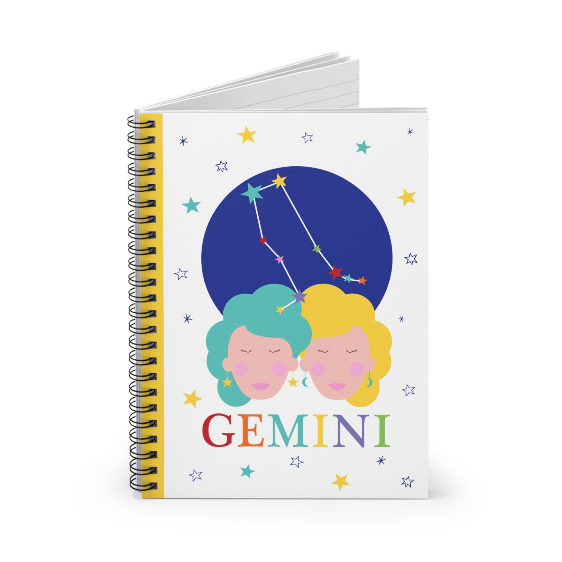 Gemini notebook shown partially open with lined pages and yellow spine