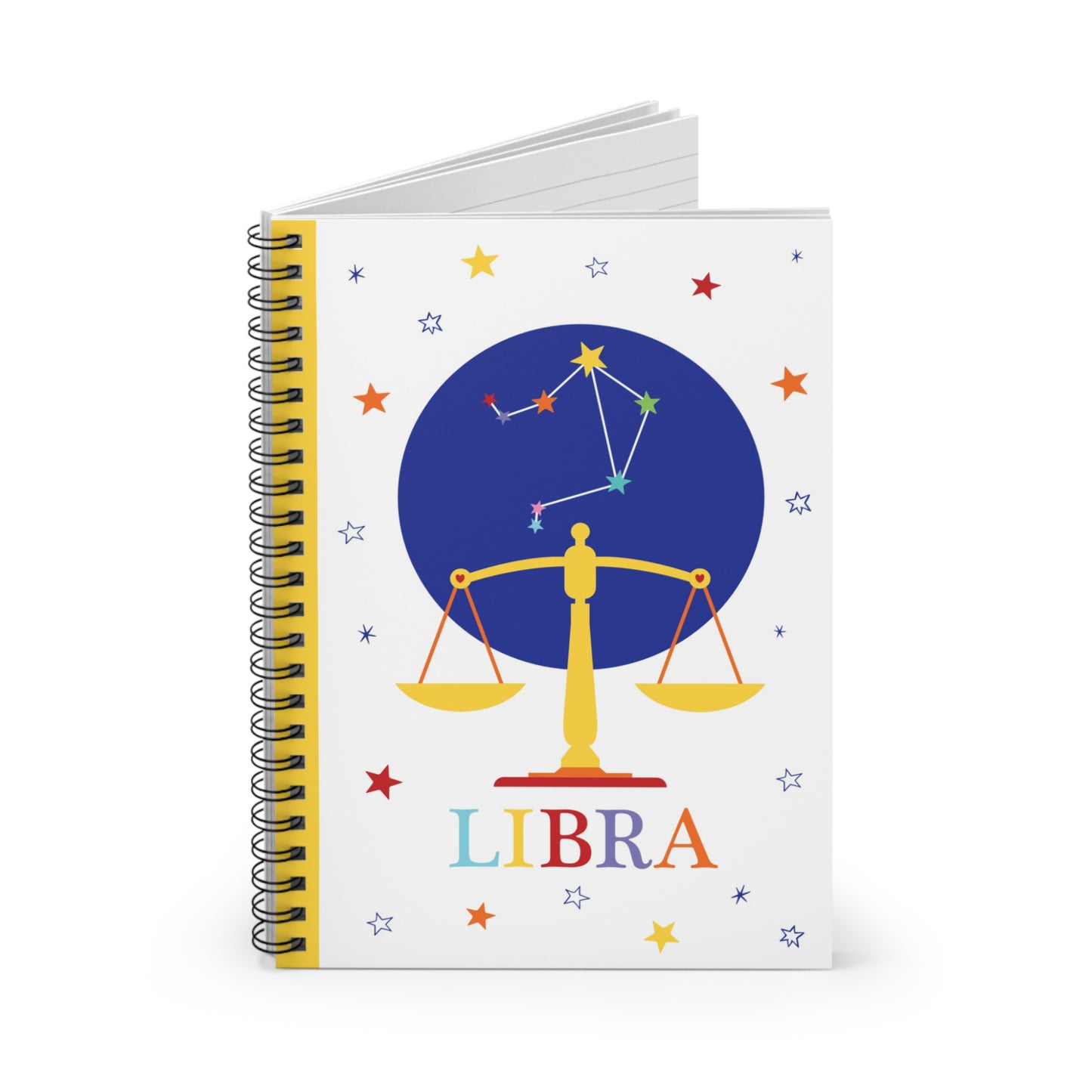 Libra notebook partially open to reveal lined interior pages and spiral binding