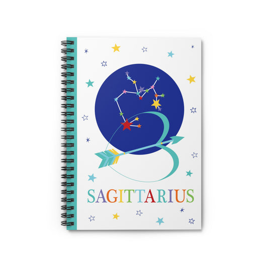 A5 spiral notebook featuring a colourful Sagittarius zodiac design with a constellation and bow and arrow on the cover.