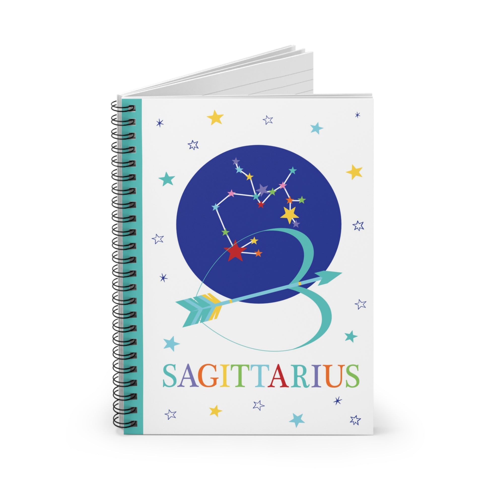 Sagittarius zodiac notebook partially open, revealing lined pages and a document pocket inside the back cover.