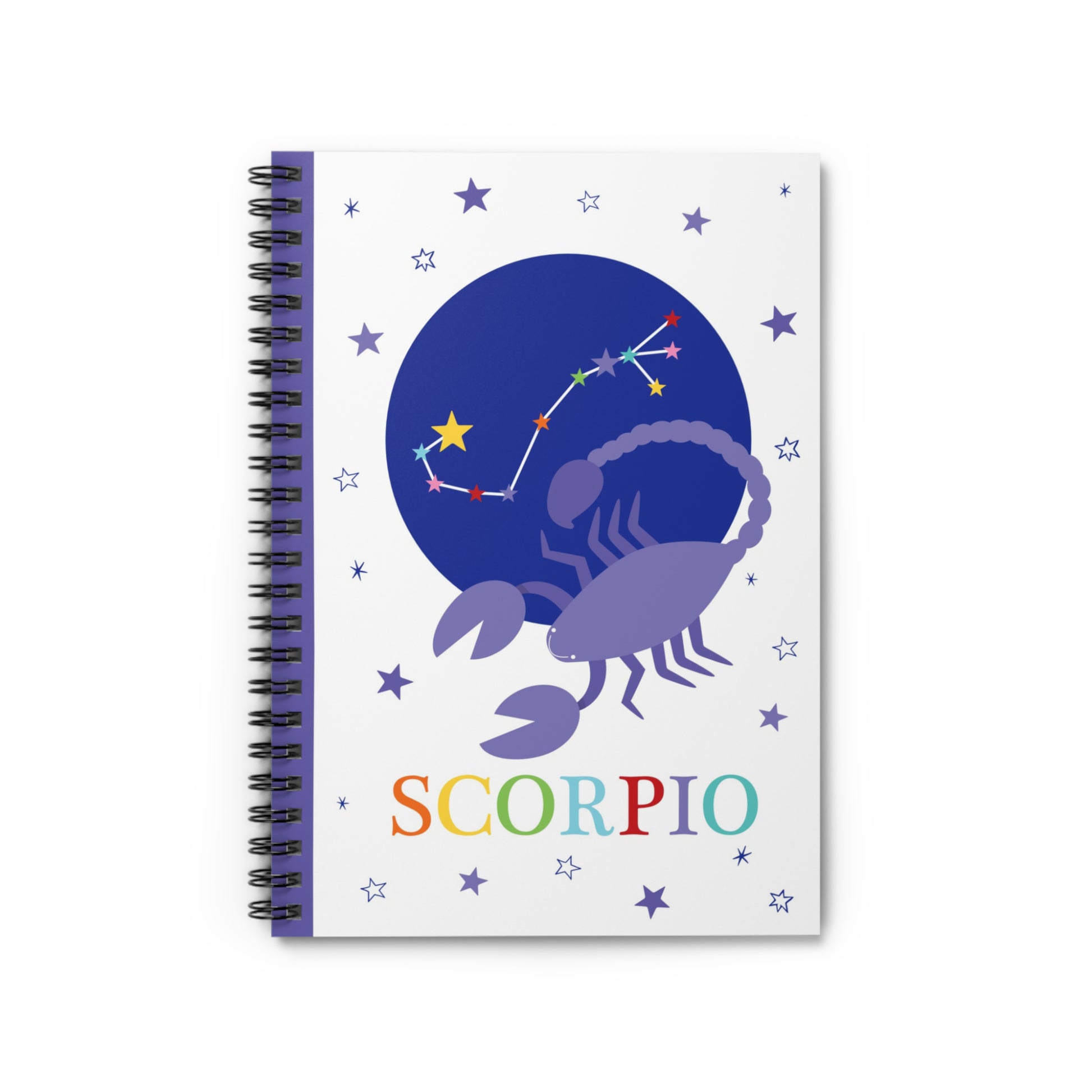 Front cover of Scorpio zodiac notebook with purple scorpion and star constellation on a white background