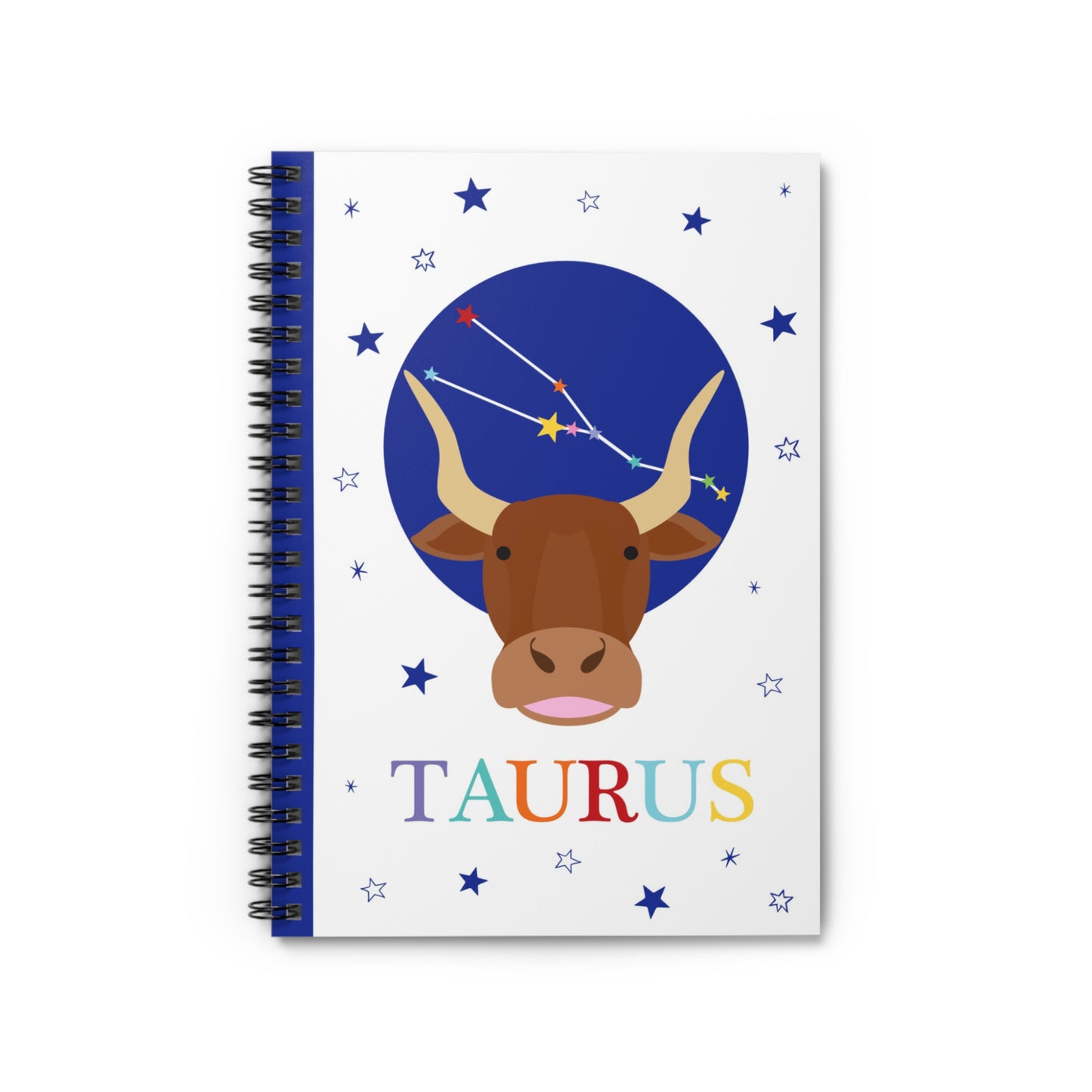 Spiral notebook with a colourful Taurus design featuring a bull head, constellation stars, and the word "Taurus" in rainbow letters.