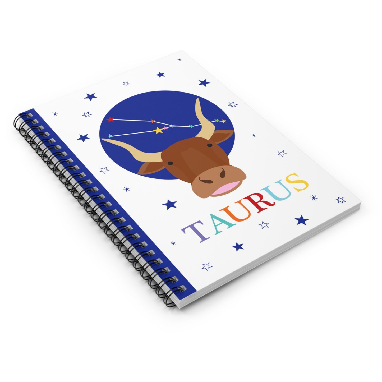 Angled photo of the personalised Taurus notebook highlighting its glossy cover and vibrant astrology artwork.