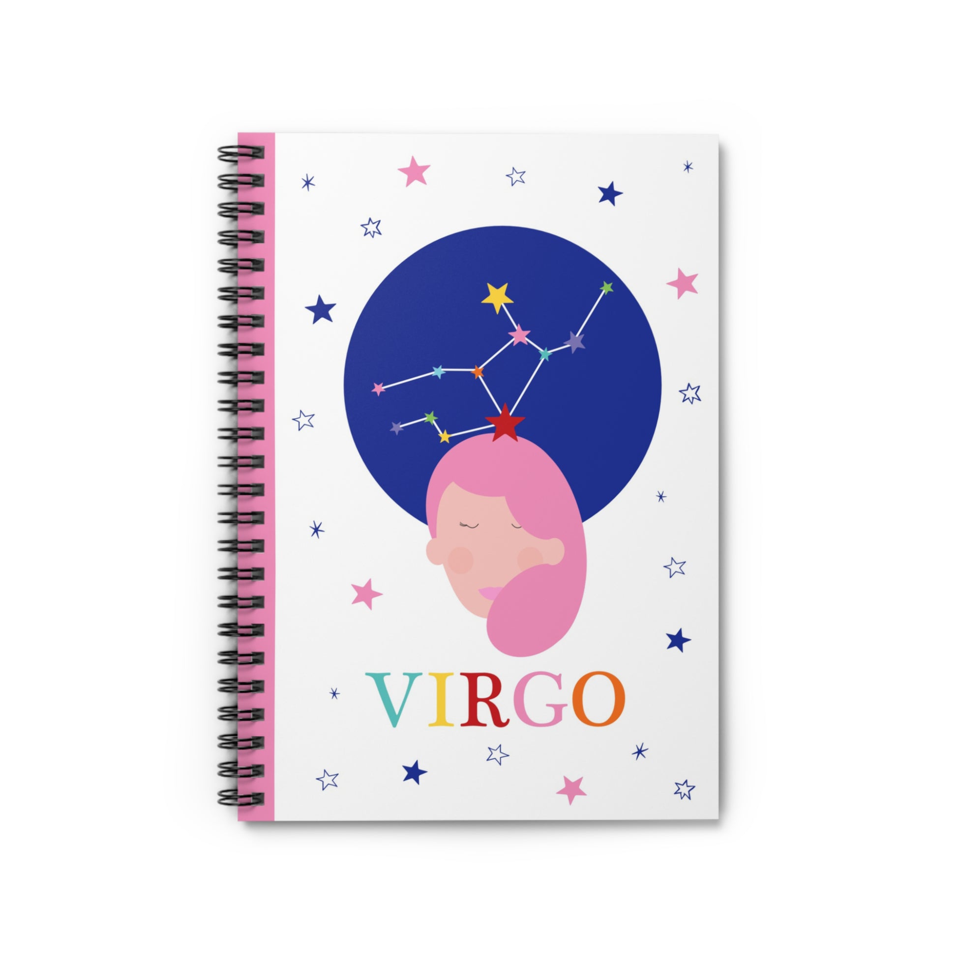 Front cover of Virgo spiral notebook featuring a pink haired girl with the Virgo constellation above her head