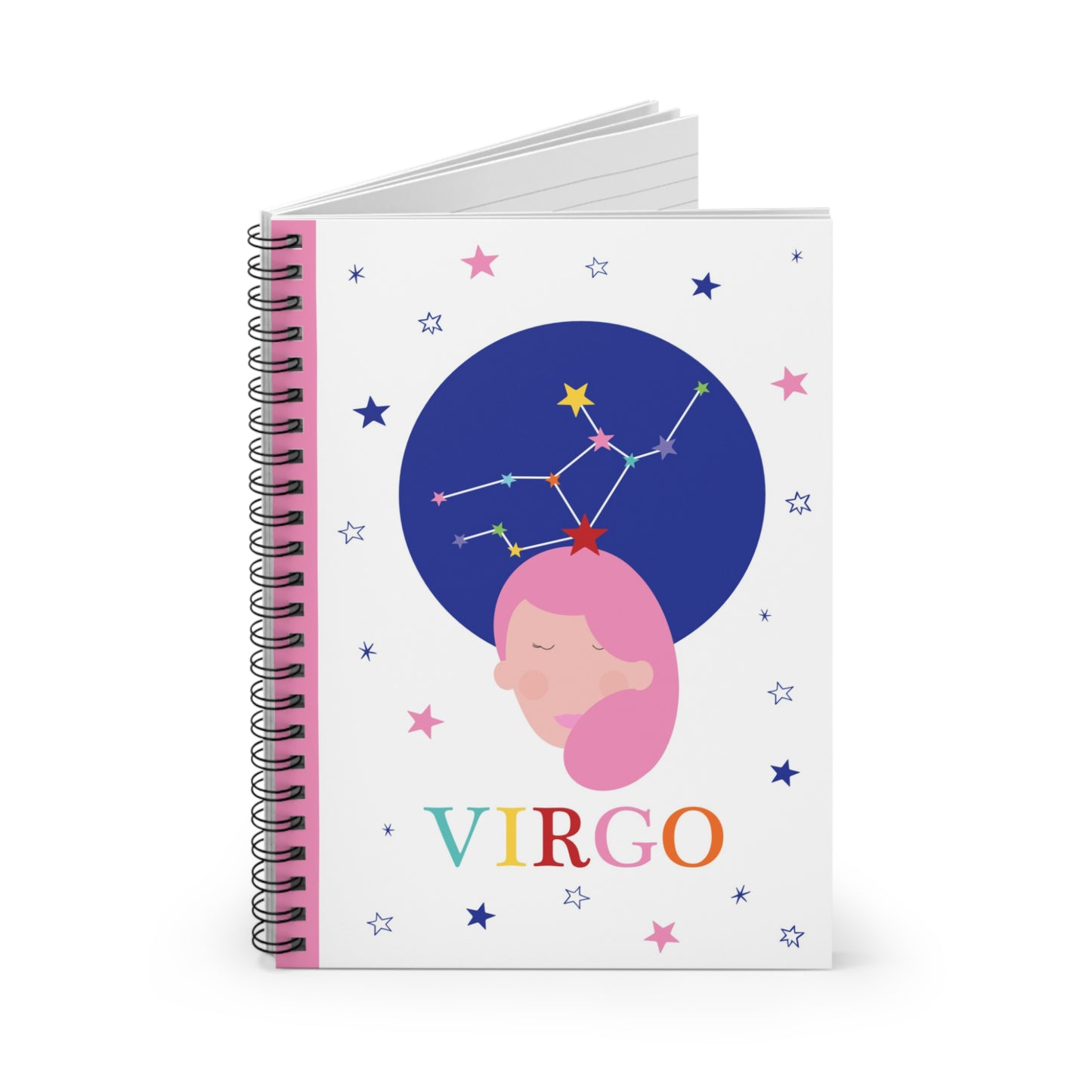 Open Virgo notebook showing lined pages and spiral binding