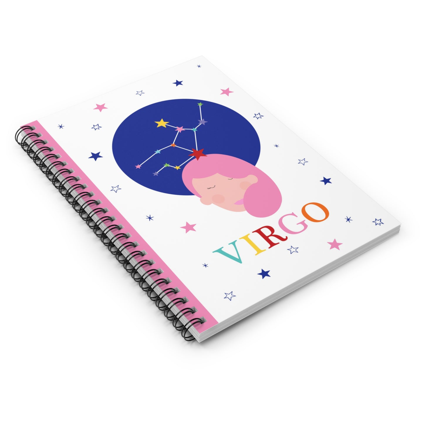 Angled view of the Virgo notebook highlighting the front design and side spiral