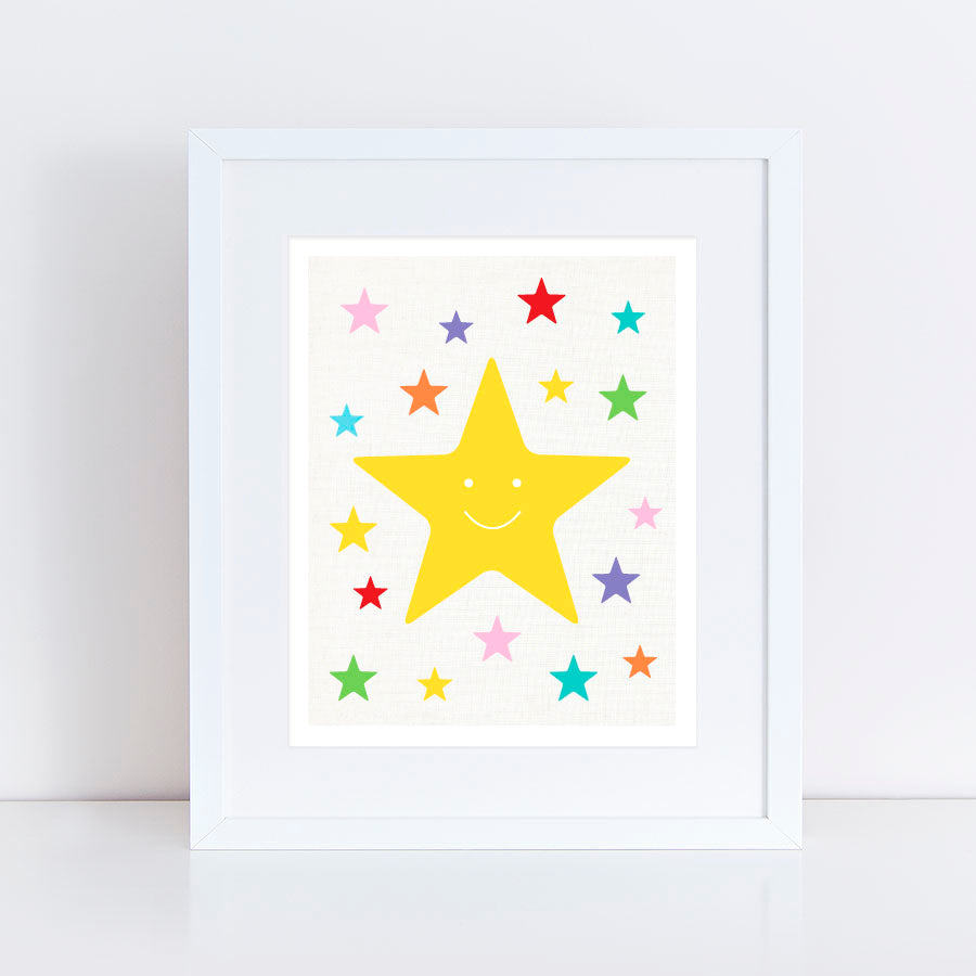 smiling yellow star surrounded by bright and colourful stars