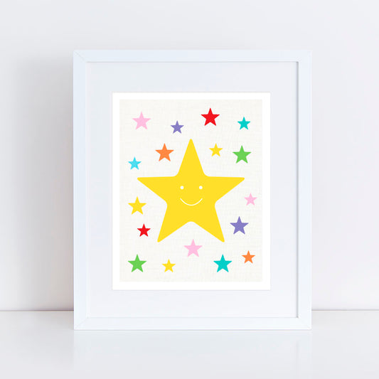 smiling yellow star surrounded by bright and colourful stars