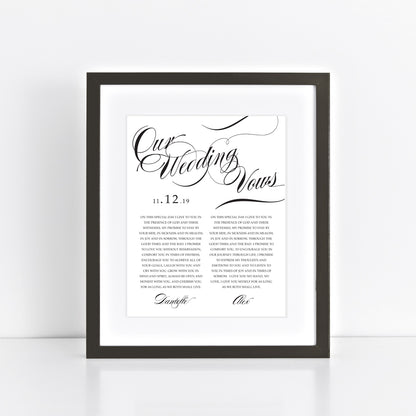 black and white wedding vow print with elegant font in frame
