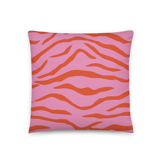 vibrant cushion cover features a striking vermilion and pink tiger print