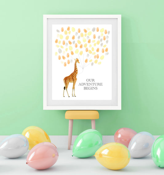 guest book poster at party with guests fingerprints as balloons above giraffe illustration
