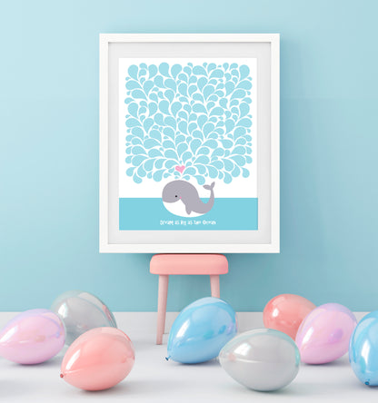 guestbook poster at a party in a frame with whale design in water droplets for guests to sign inside