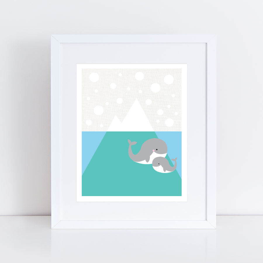 illustration of a mamma whale and baby whale and an iceberg