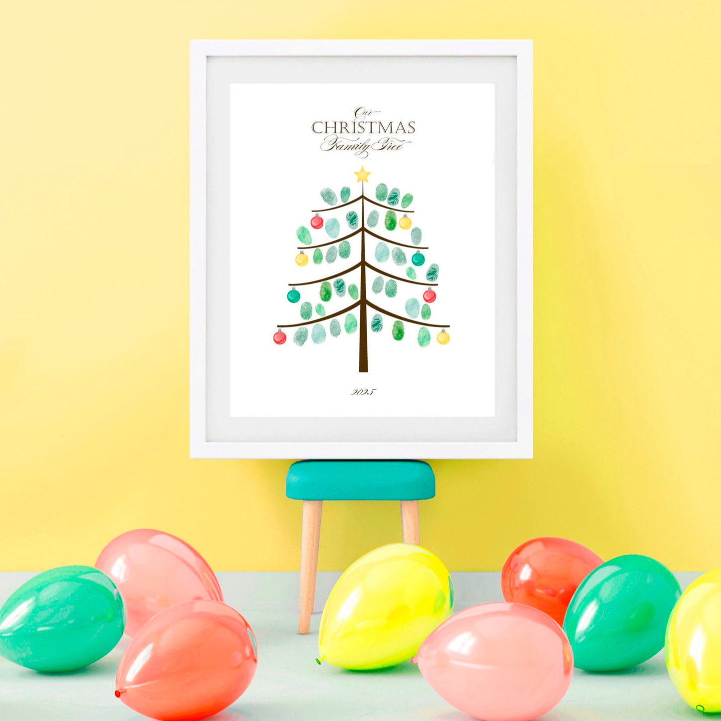 artwork of a Christmas tree with colorful balloons on a yellow background