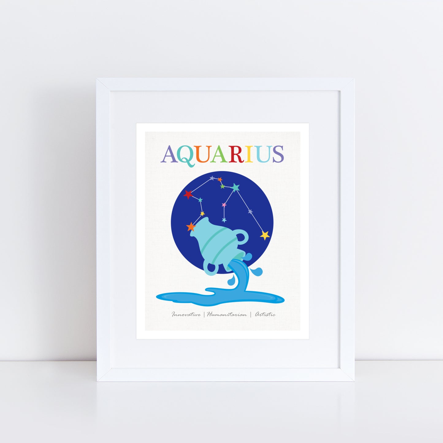 A modern Aquarius zodiac art print featuring a stylised water carrier pouring water against a deep blue circle with the Aquarius constellation above, connected by bright, colourful stars. The word "Aquarius" is written in a playful, multicoloured font at the top, and personality traits like "Innovative, Humanitarian, Artistic" are listed below. A vibrant astrology-themed print perfect for nurseries, kids' rooms, or zodiac lovers
