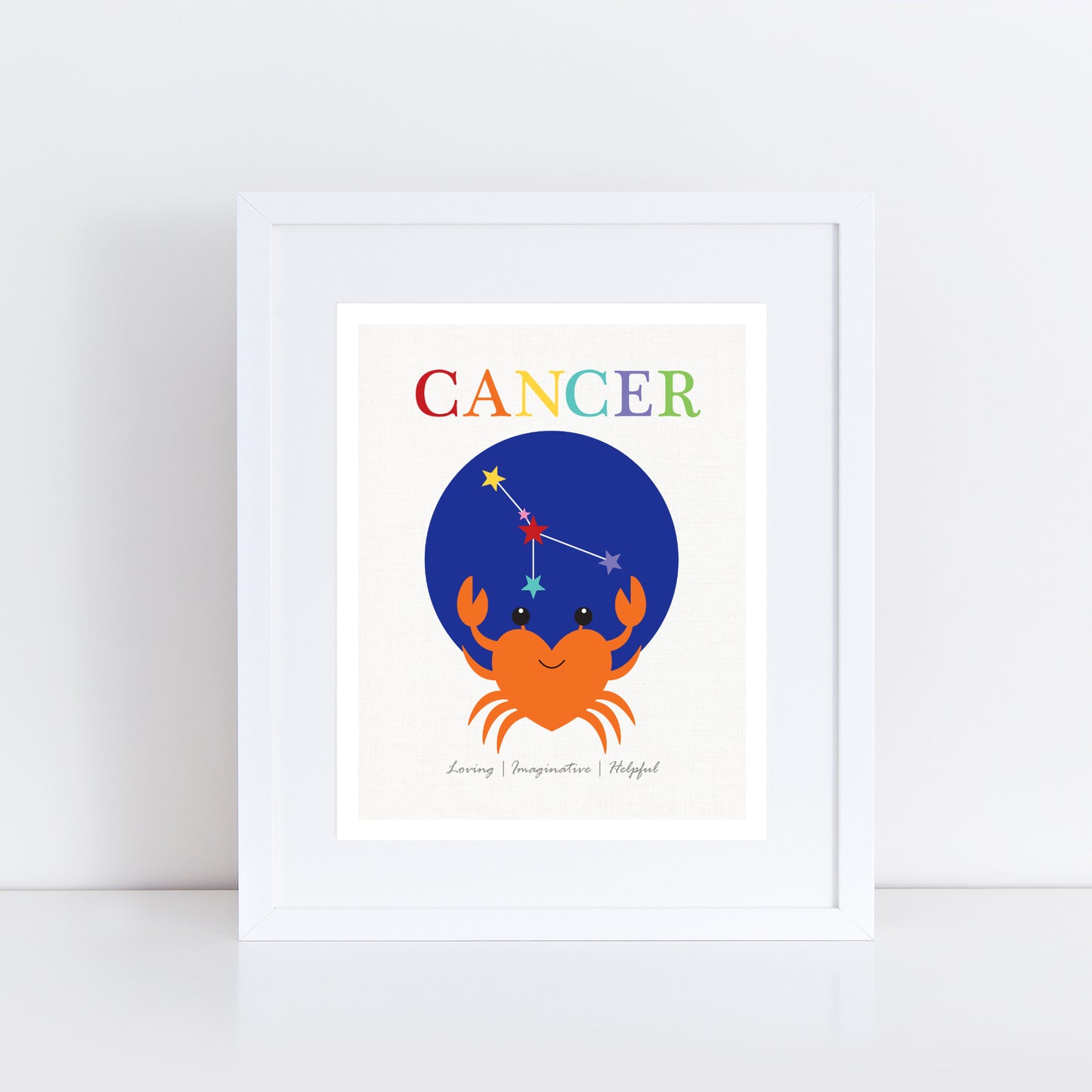 Cancerian, the crab zodiac sign for a kid's room fun colourful print in white frame