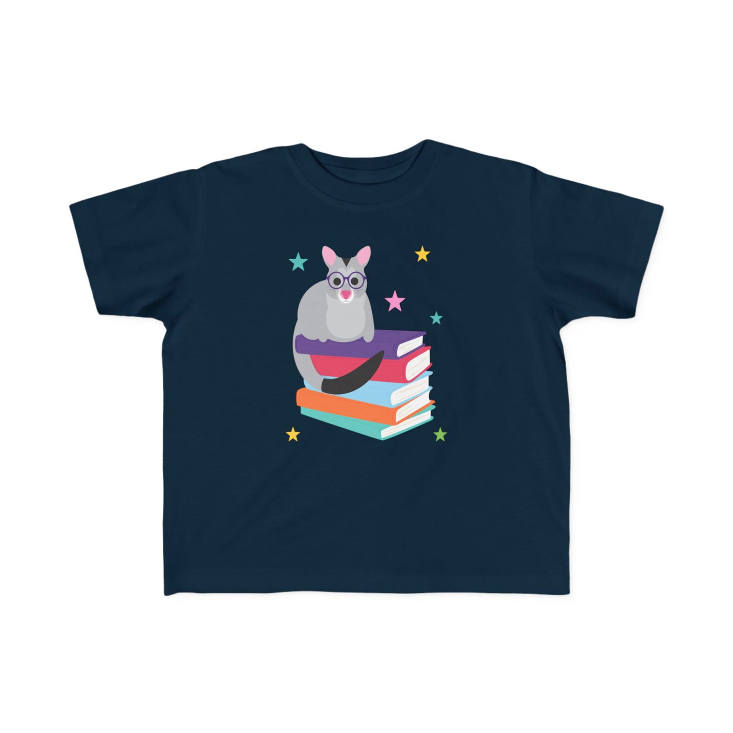 Navy blue t-shirt with a cartoon possum on books design on a white background