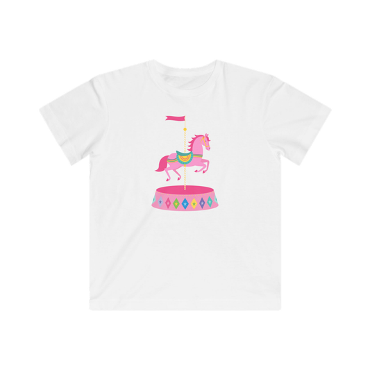 White t-shirt with a colorful carousel design featuring a horse on a white background