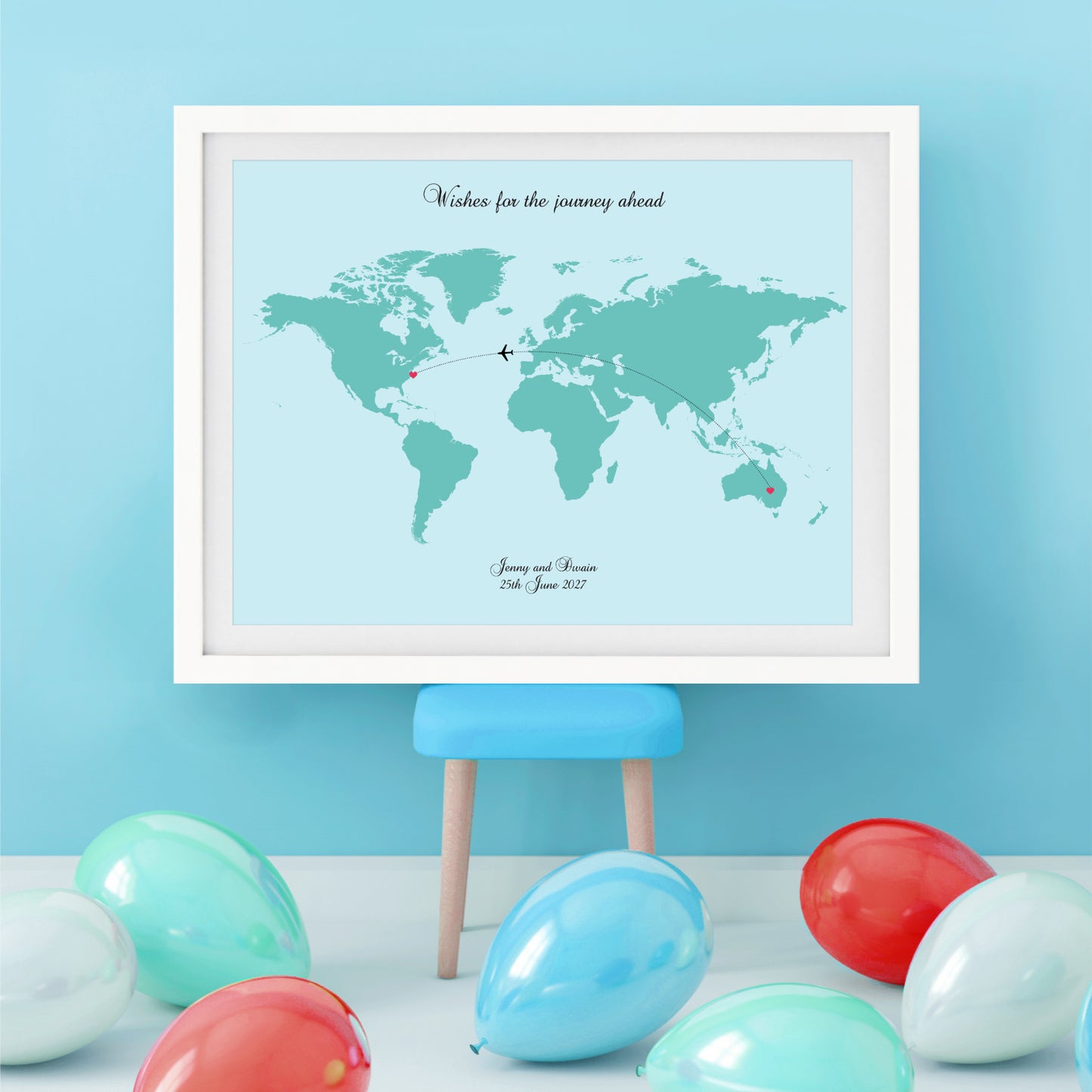 Custom world map print at a party as modern wedding keepsake