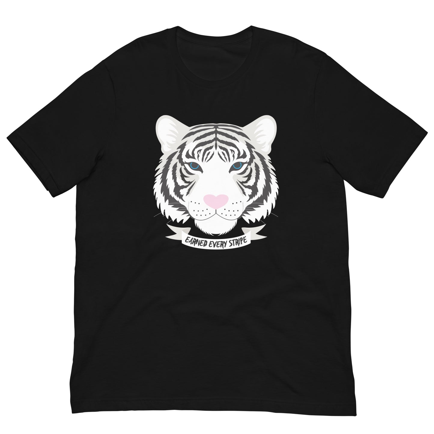 Black t-shirt with a white tiger graphic and text on a light blue background