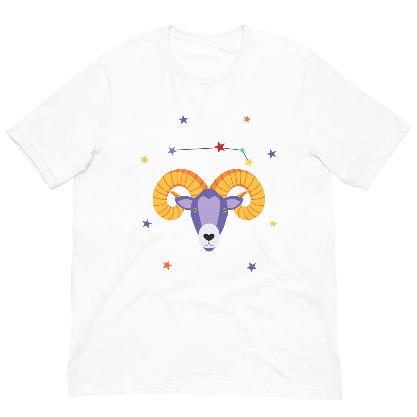 White t-shirt with a colorful aries ram and star constellation design on a white background