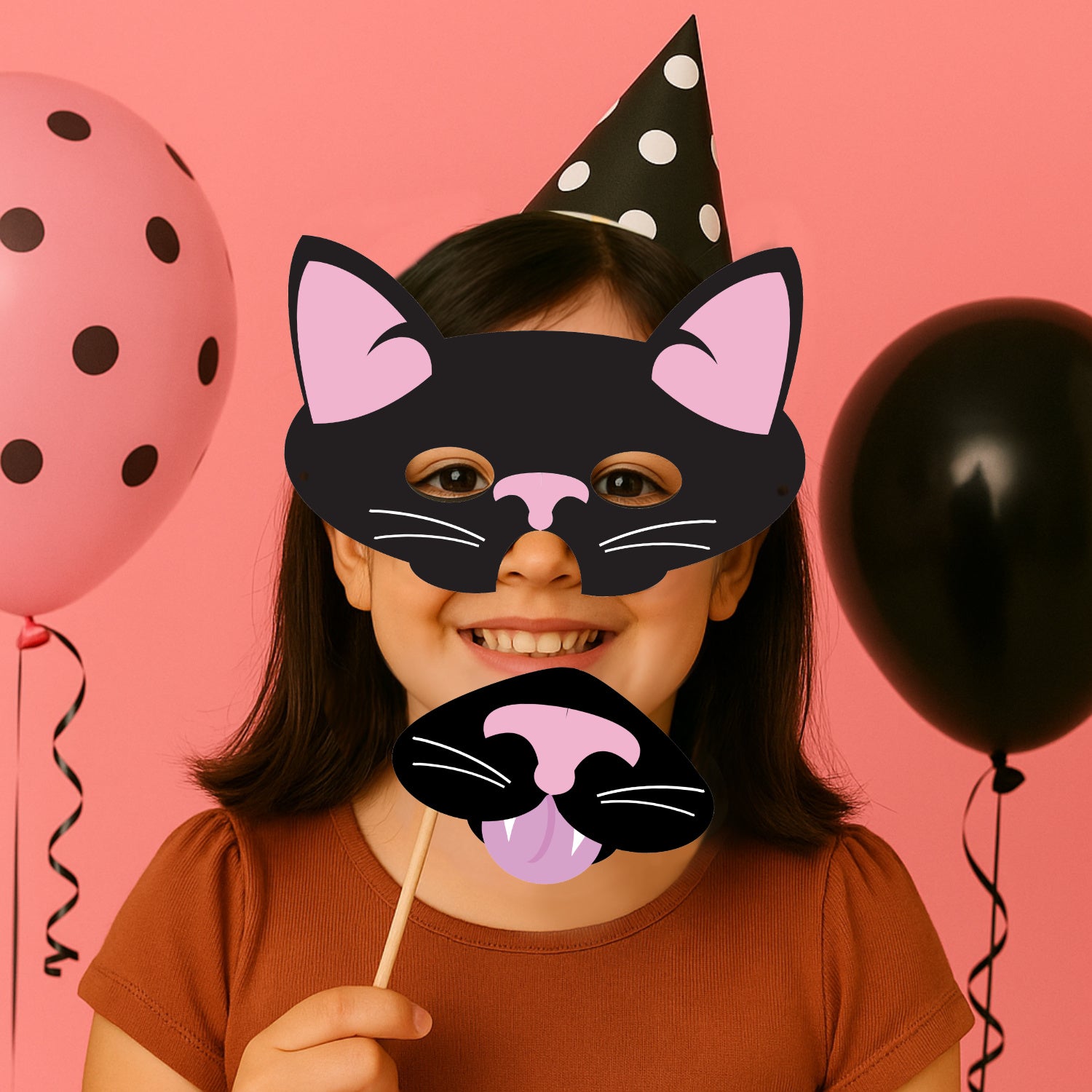 girl wearing a cat mask as a pink party