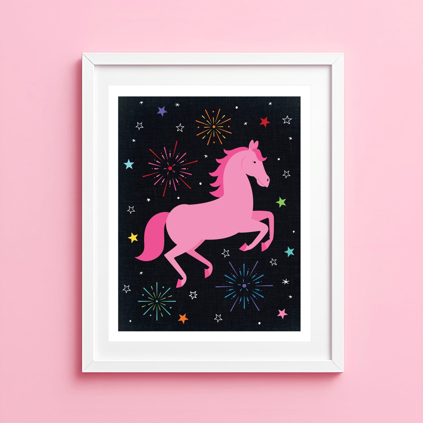 Artwork of a pink horse with stars and fireworks on a black background, against a pink wall.