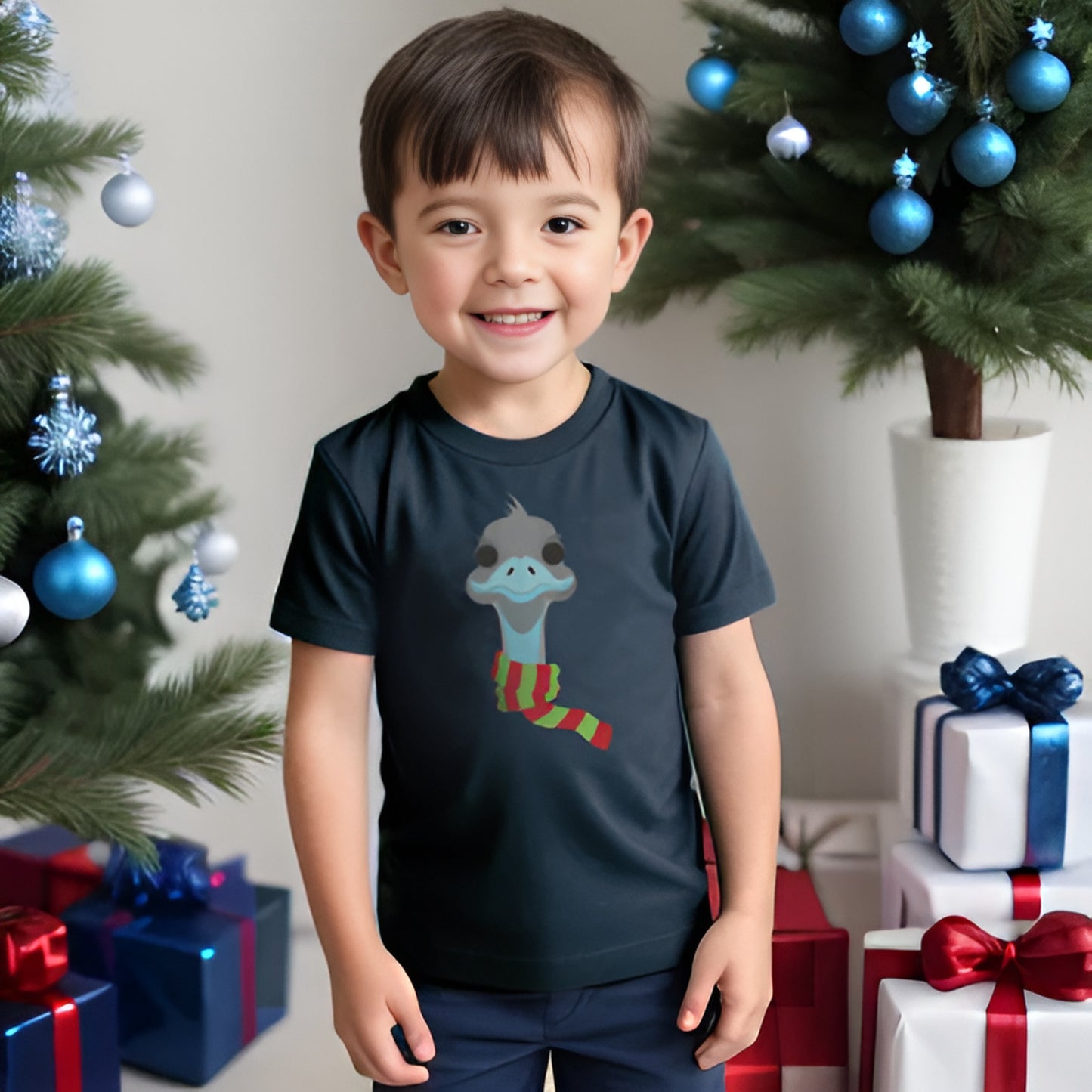 Emu in Christmas scarf kids t-shirt