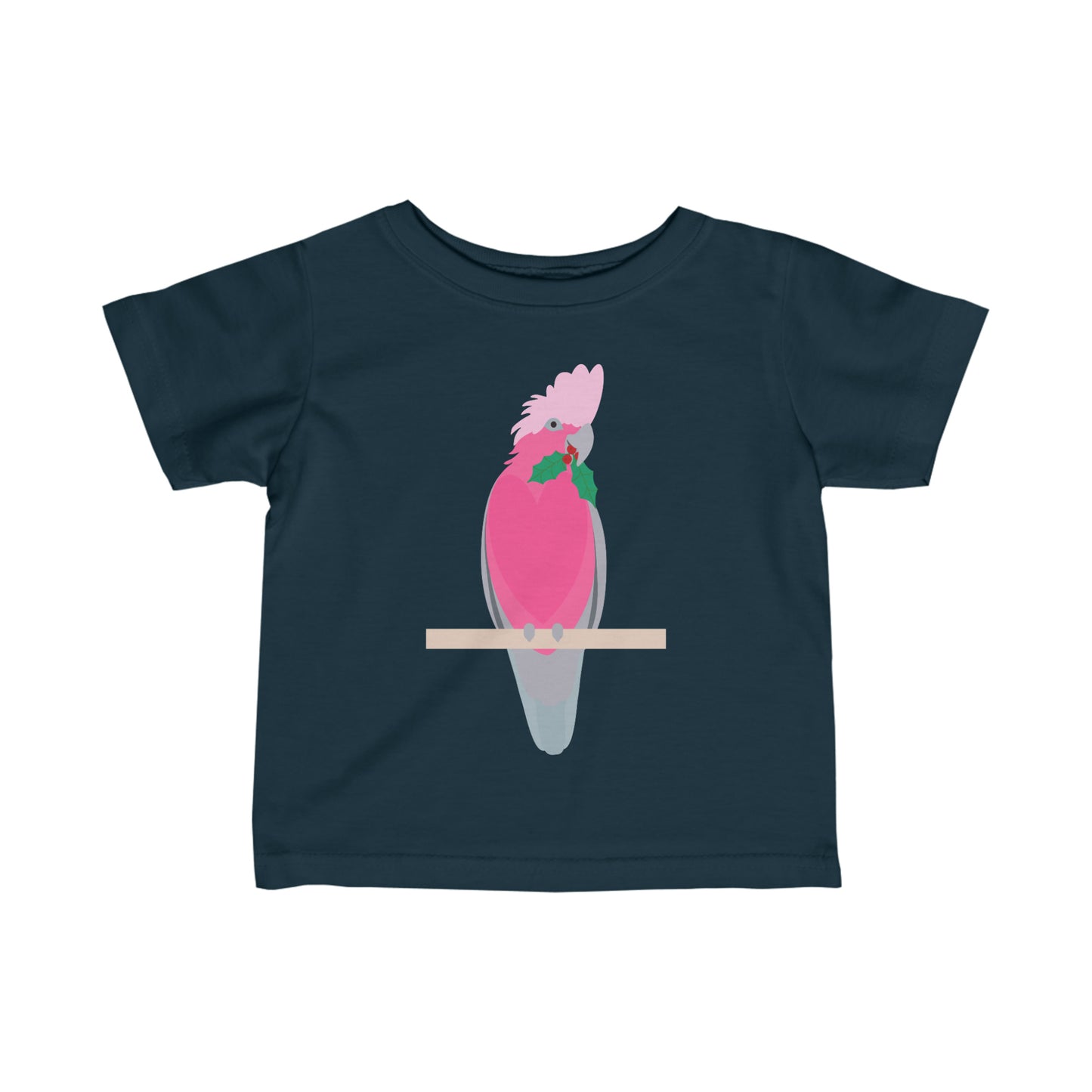 nav blue Christmas baby t-shirt with galah holding holly