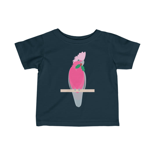 nav blue Christmas  baby t-shirt with galah holding holly