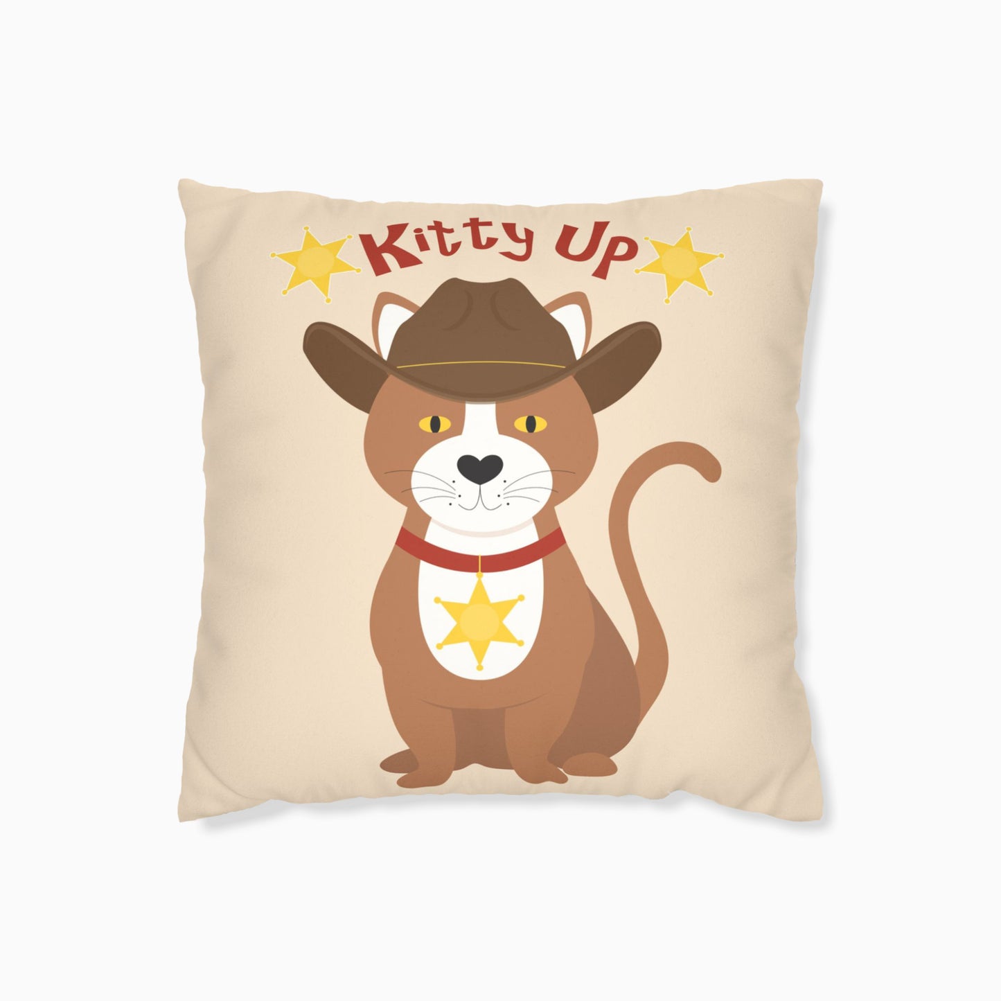 cute cushion cover features a cat in a cowboy hat and sheriffs star on his collar with the words KITTY UP