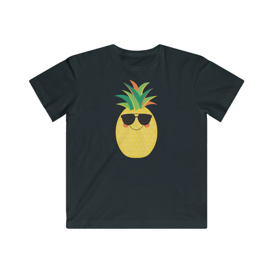 black kids t-shirt featuring a smiling pineapple donning cool sunglasses