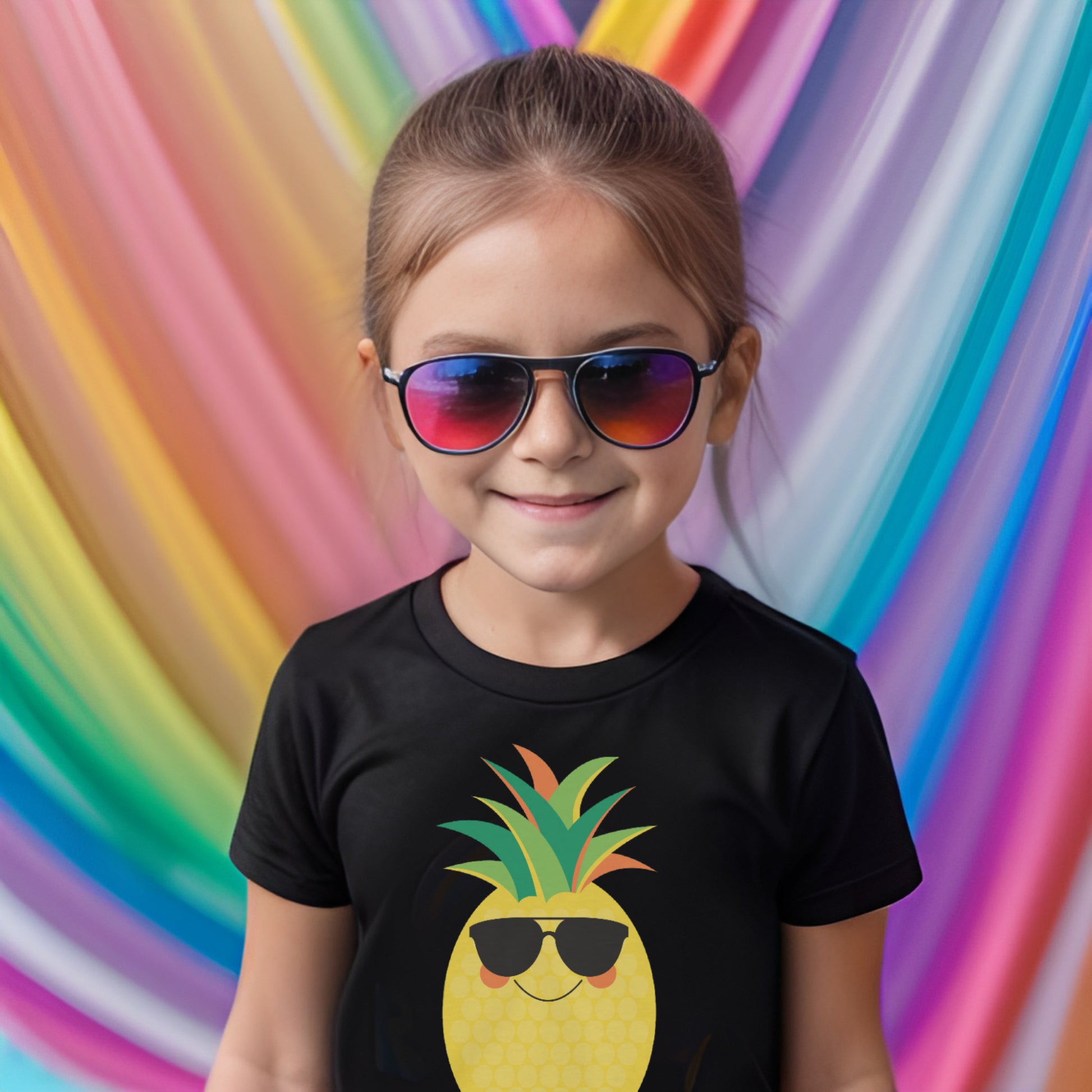 Girl wearing black kids t-shirt with smiling pineapple design