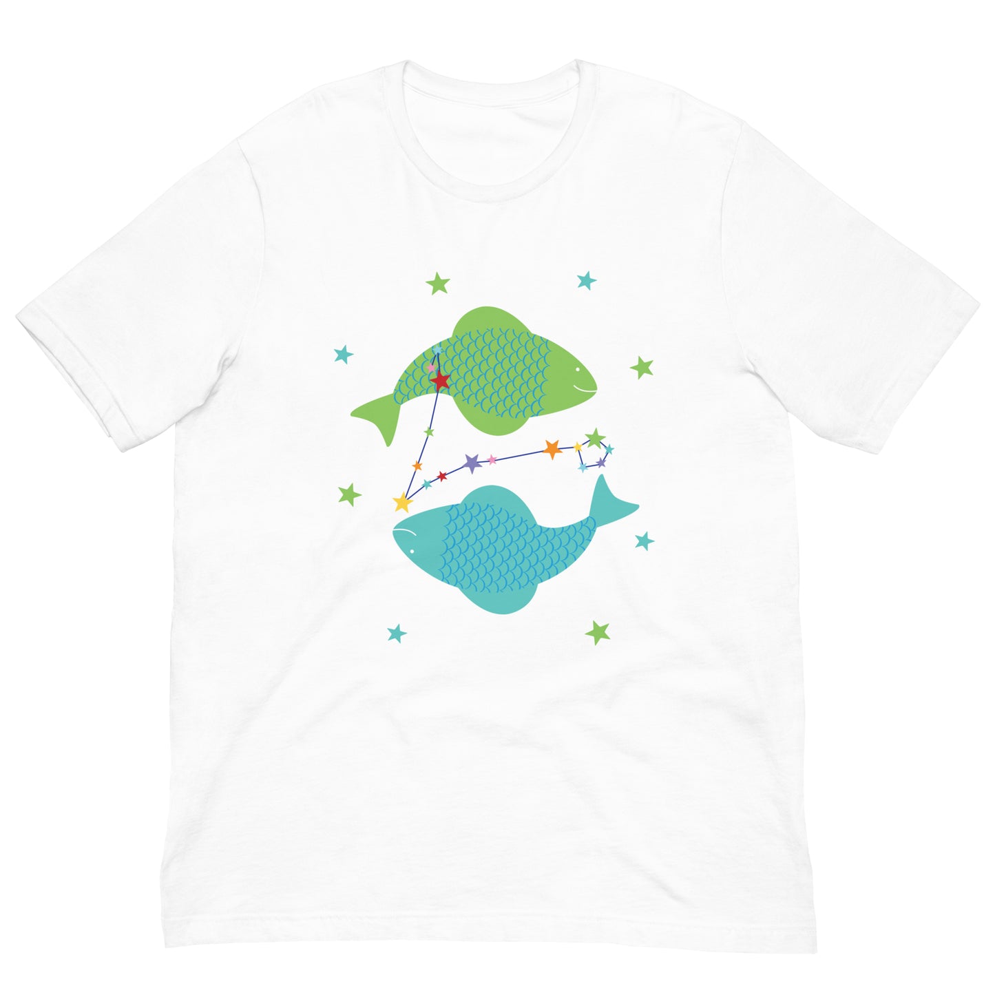 White t-shirt with green and blue pisces fish design on a white background