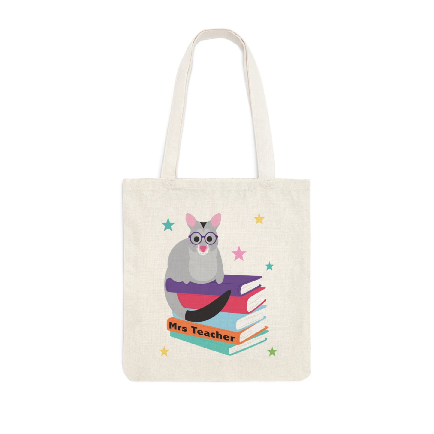 personalised teacher tote bag with possum in glasses sitting on a stack of books