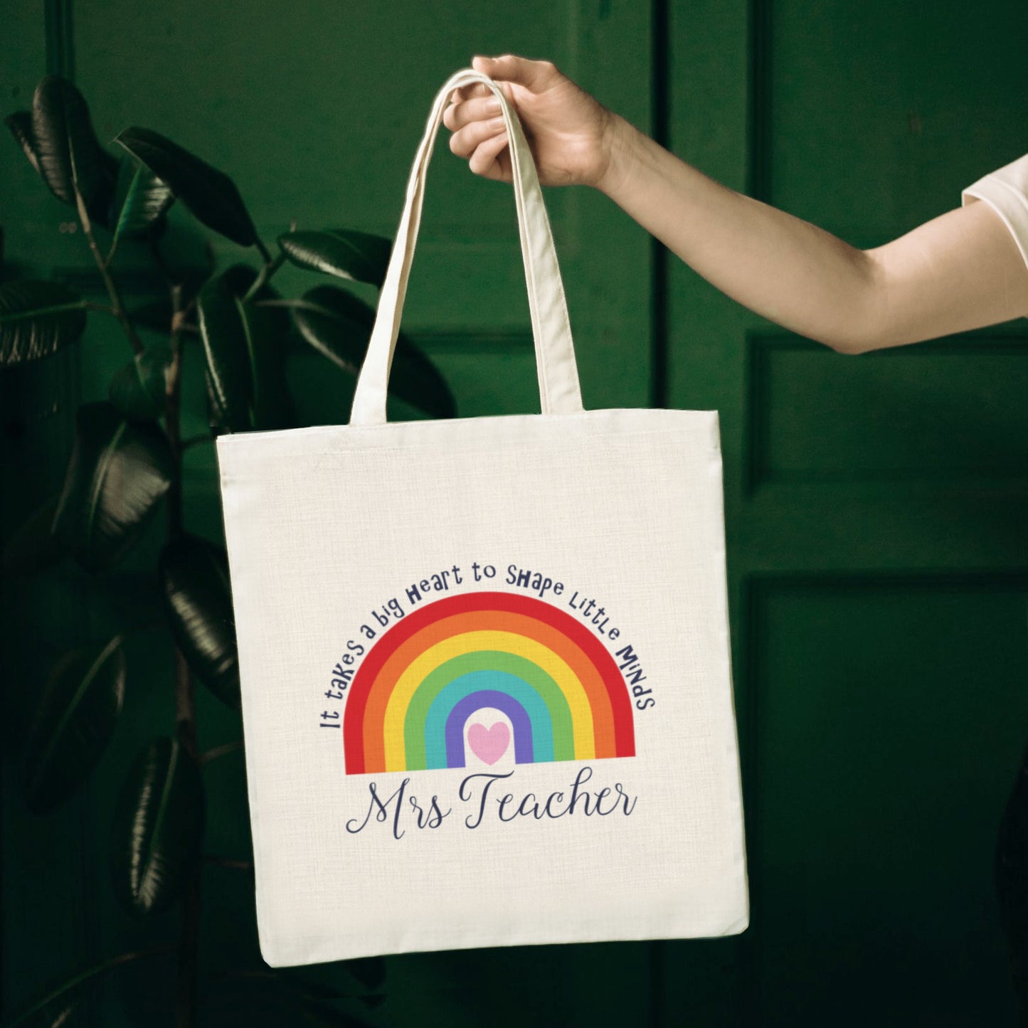 Takes a big heart rainbow personalised teacher tote bag