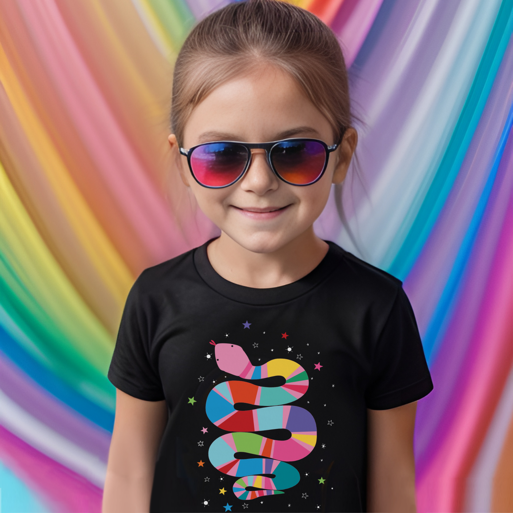 Girl wearing colourful snake and stars tee for children
