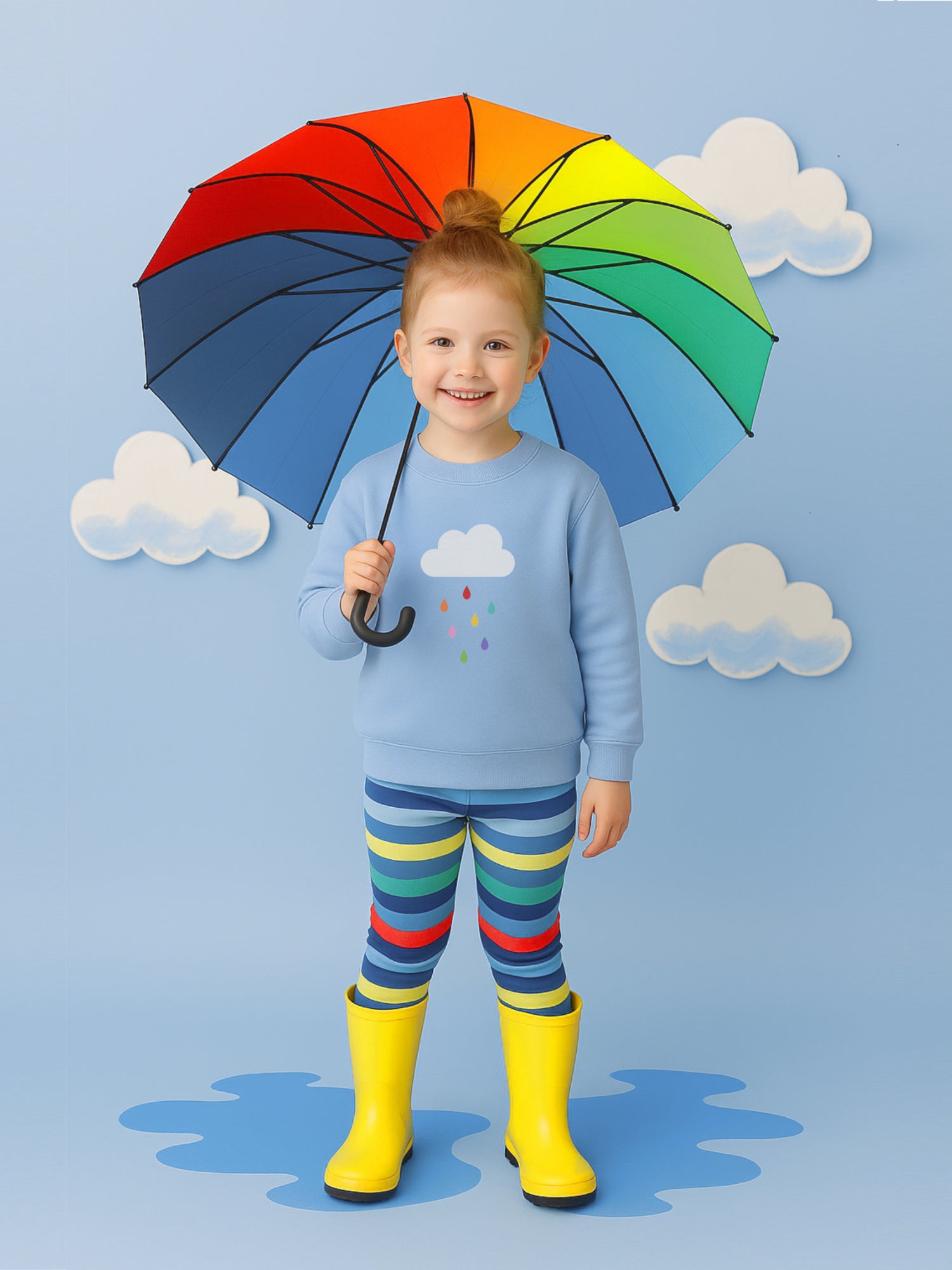 Child holding a rainbow umbrella with a blue sky and clouds background wearing a light blue jumper with cloud motif