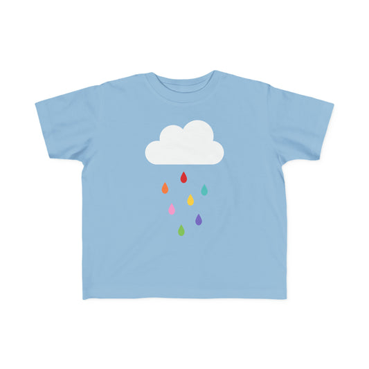 cute light blue t-shirt with a cloud and rainbow coloured raindrops design