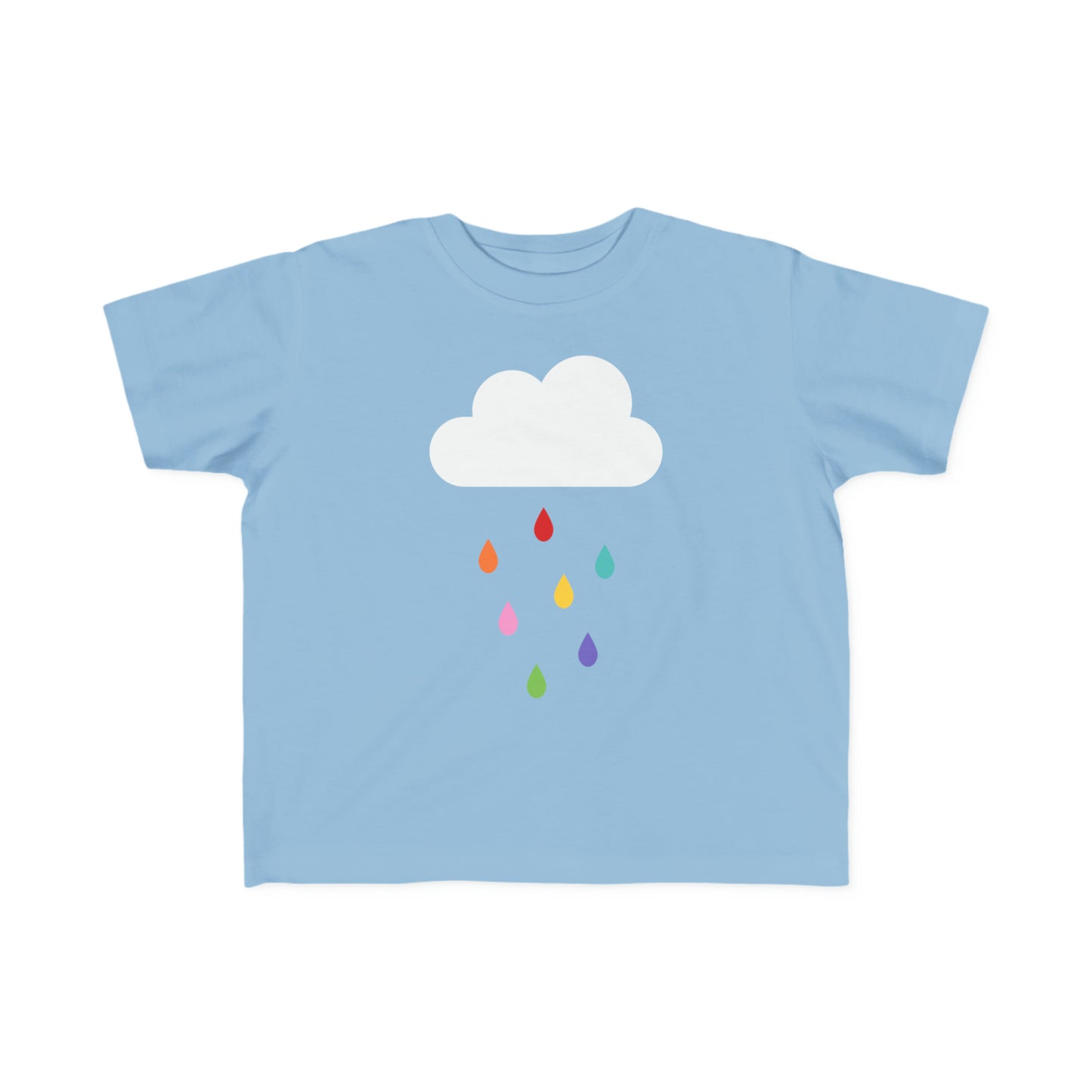 cute light blue t-shirt with a cloud and rainbow coloured raindrops design