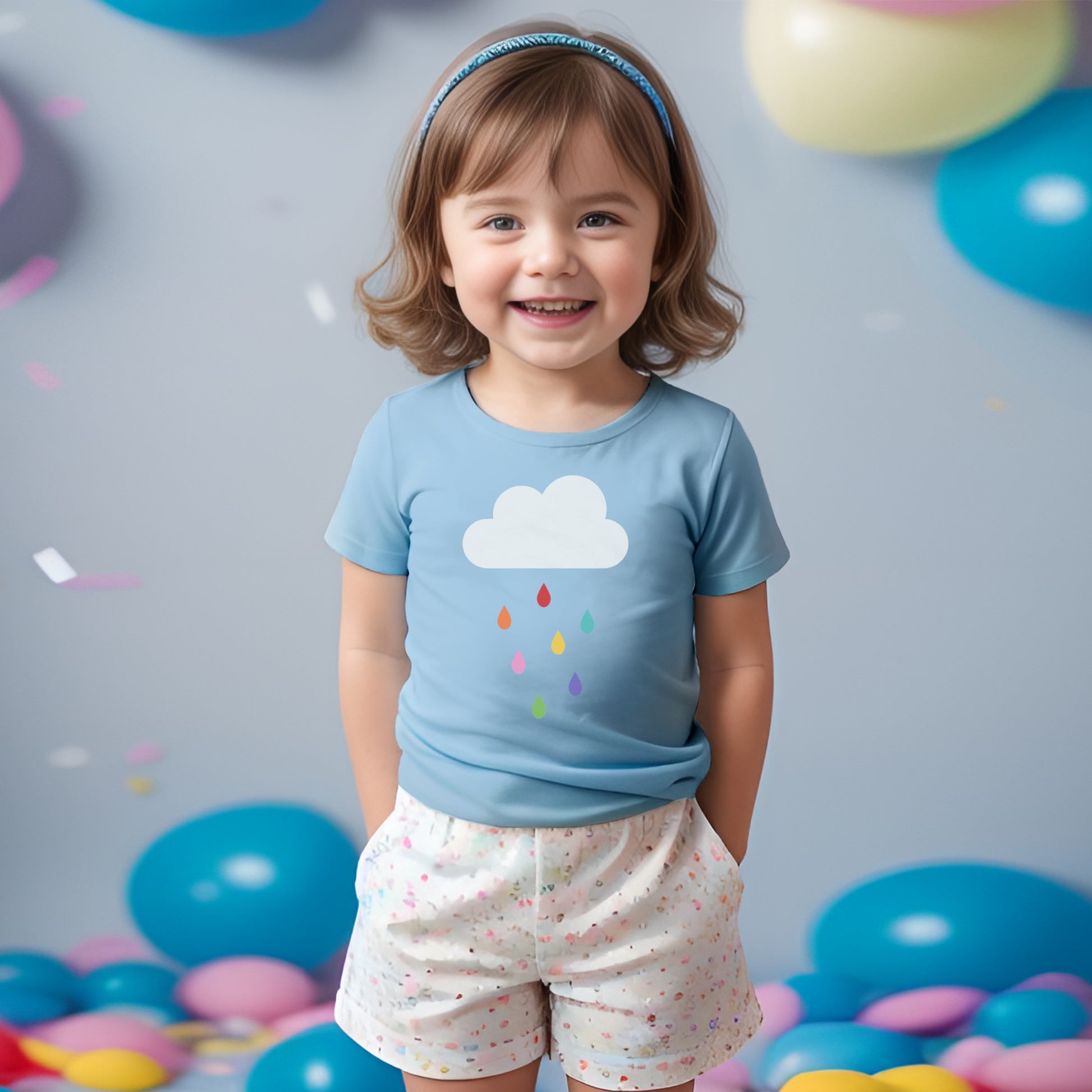 Child in light blue whimsical kids tee with raindrops