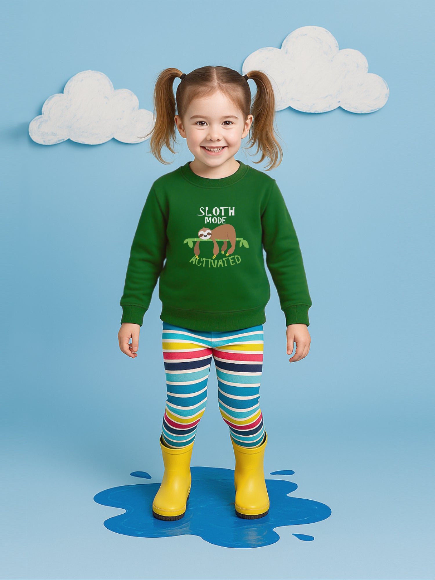 A young girl wearing a green jumper with fun sloth design and colourful striped leggings in a rainy-day scene.