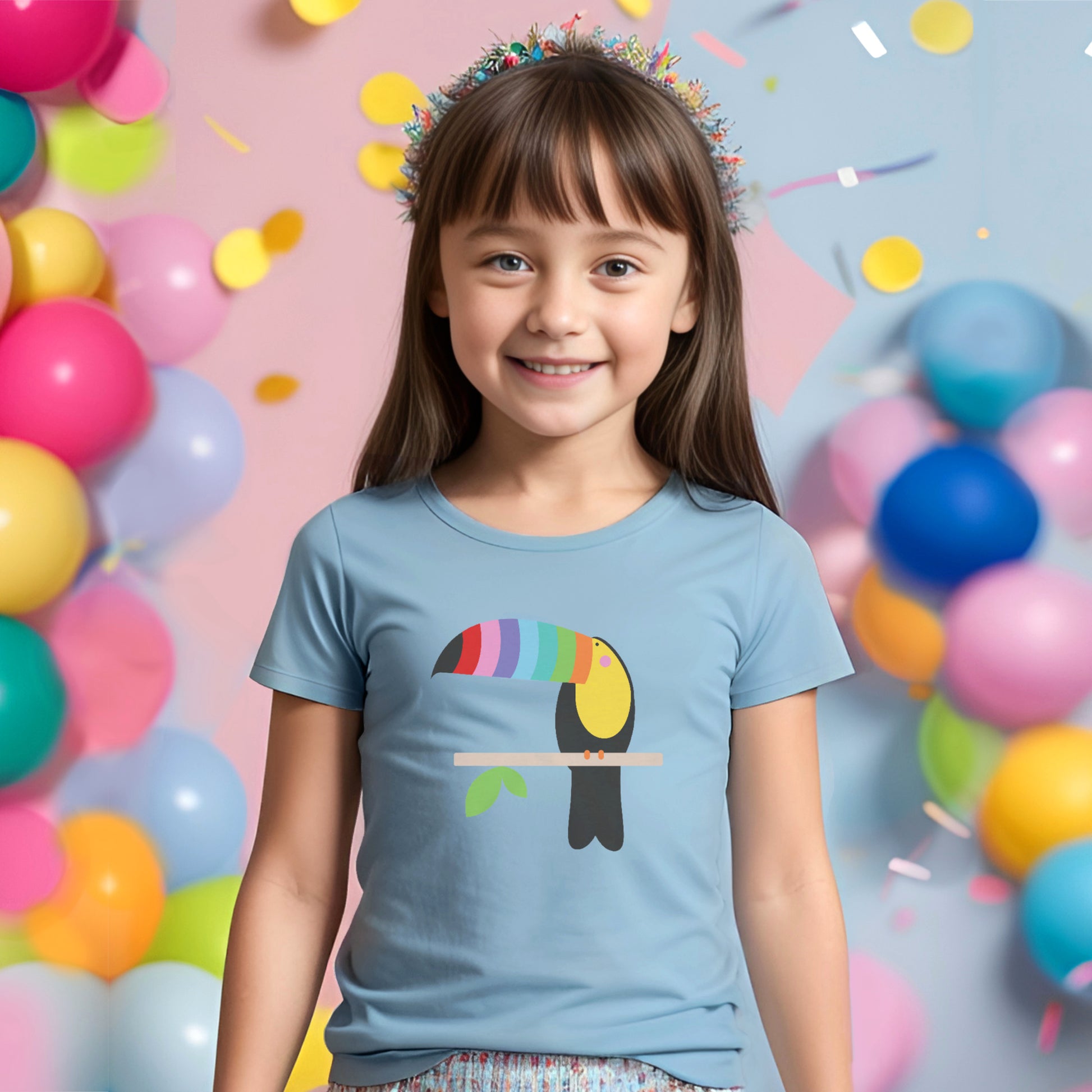Girl wearing colourful tropical bird tee for children