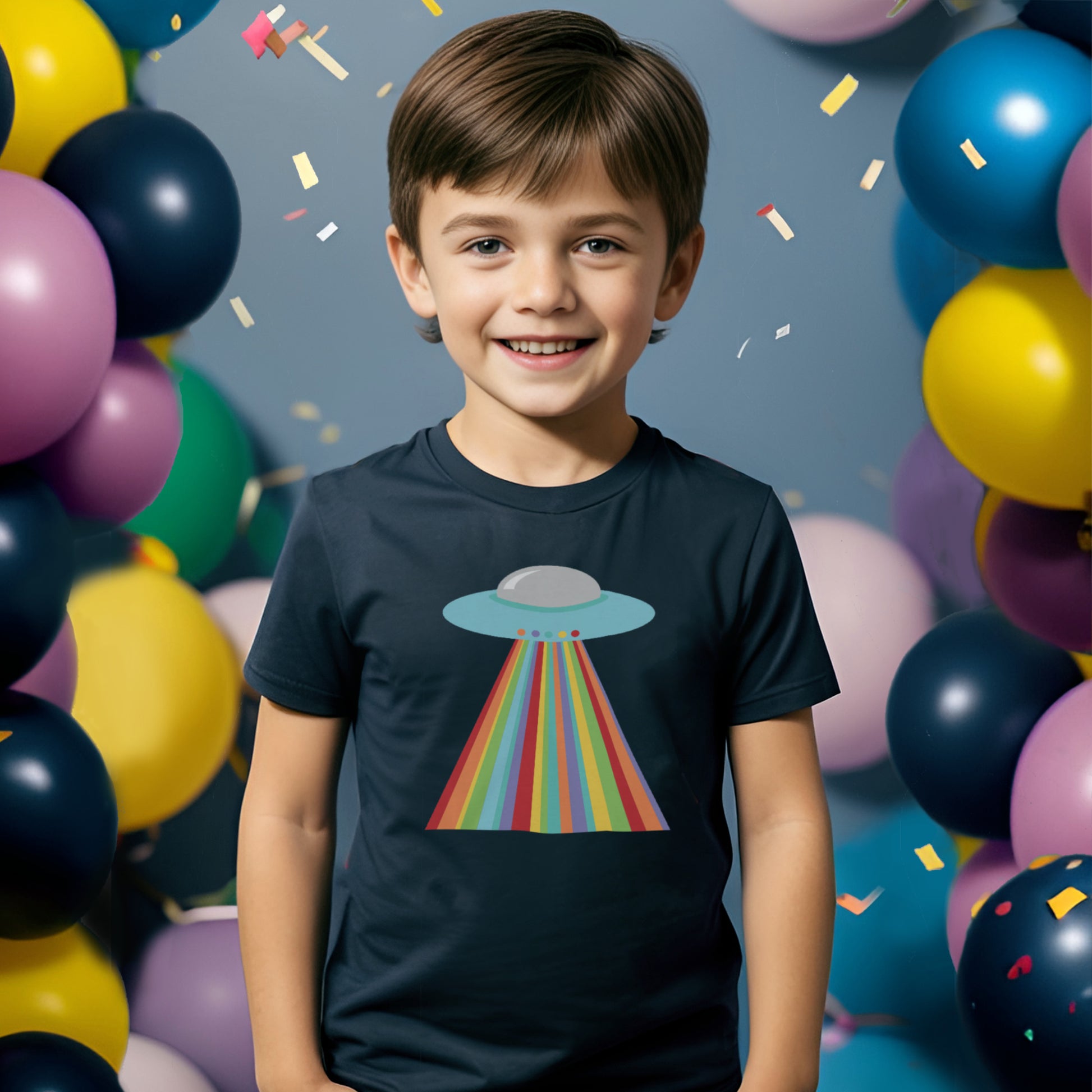 boy wearing navy blue kids t-shirt with UFO design