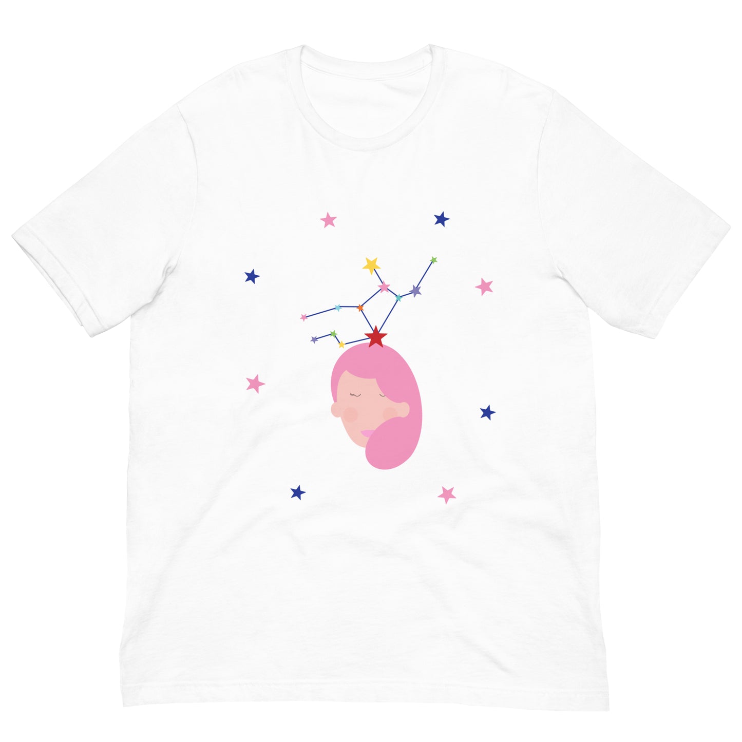 White t-shirt with a pink haired girl virgo and colorful stars on a white background