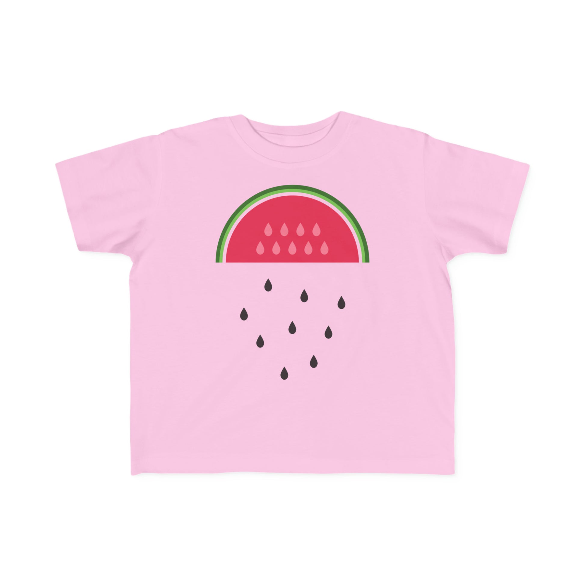 pink kids tshirt with  a cute illustration of a watermelon raining it's pips